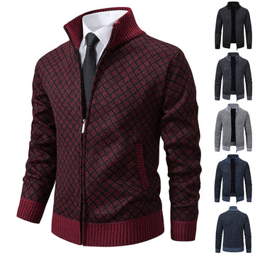 Thickened Plaid Print Jacket  Zipper Collar Sweater Winter