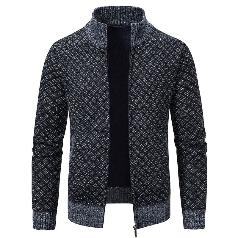 Thickened Plaid Print Jacket  Zipper Collar Sweater Winter