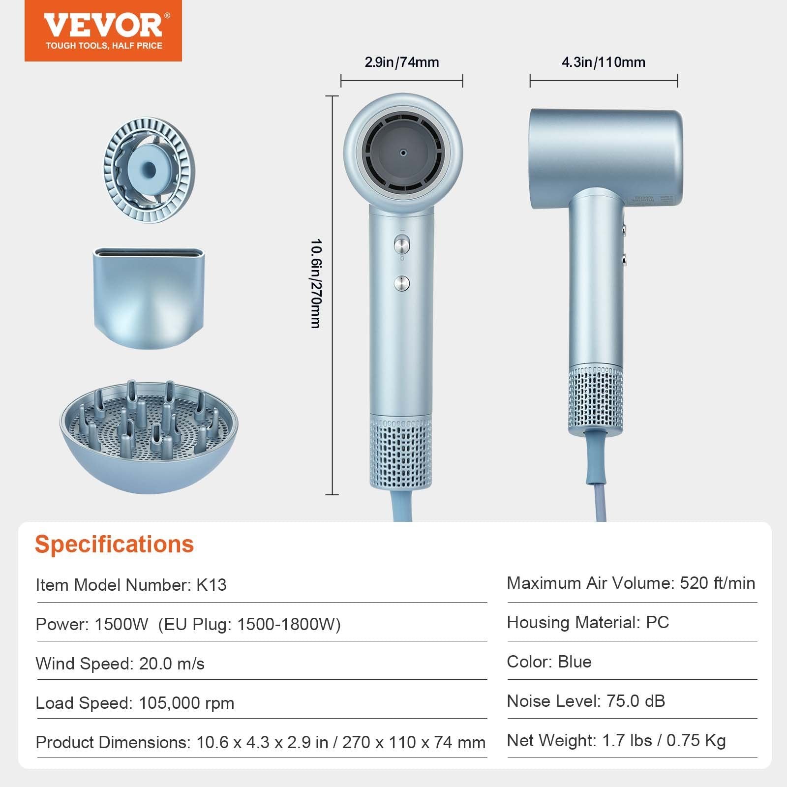 VEVOR High-Speed Hair Dryer With 105,000RPM Brushless