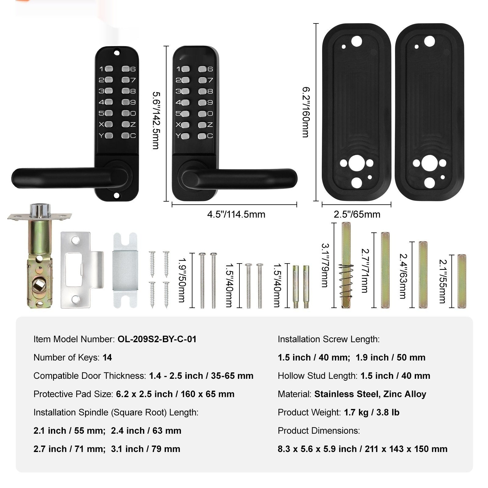 Mechanical Keyless Entry Door Lock, 14 Digit Keypad