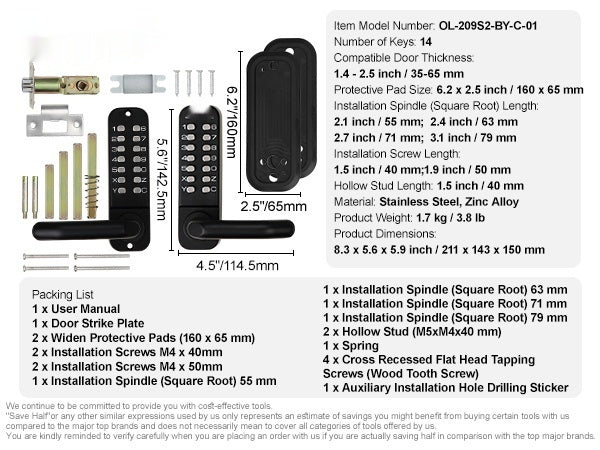 Mechanical Keyless Entry Door Lock, 14 Digit Keypad