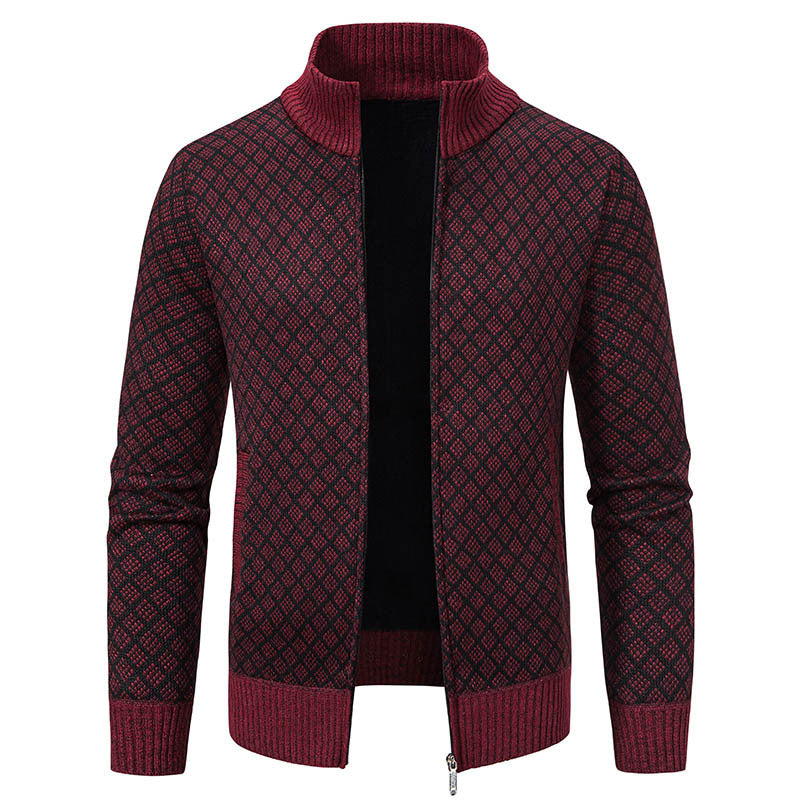 Thickened Plaid Print Jacket  Zipper Collar Sweater Winter