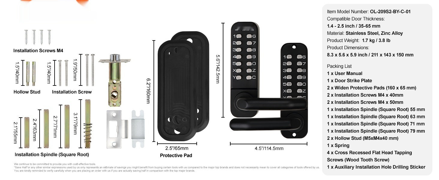 Mechanical Keyless Entry Door Lock, 14 Digit Keypad