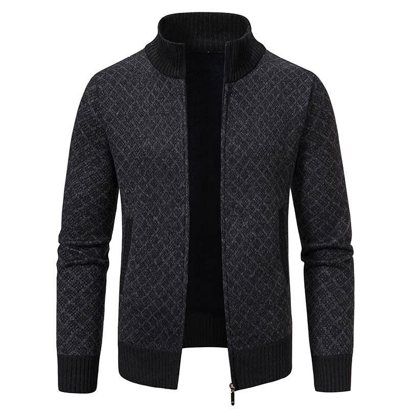 Thickened Plaid Print Jacket  Zipper Collar Sweater Winter