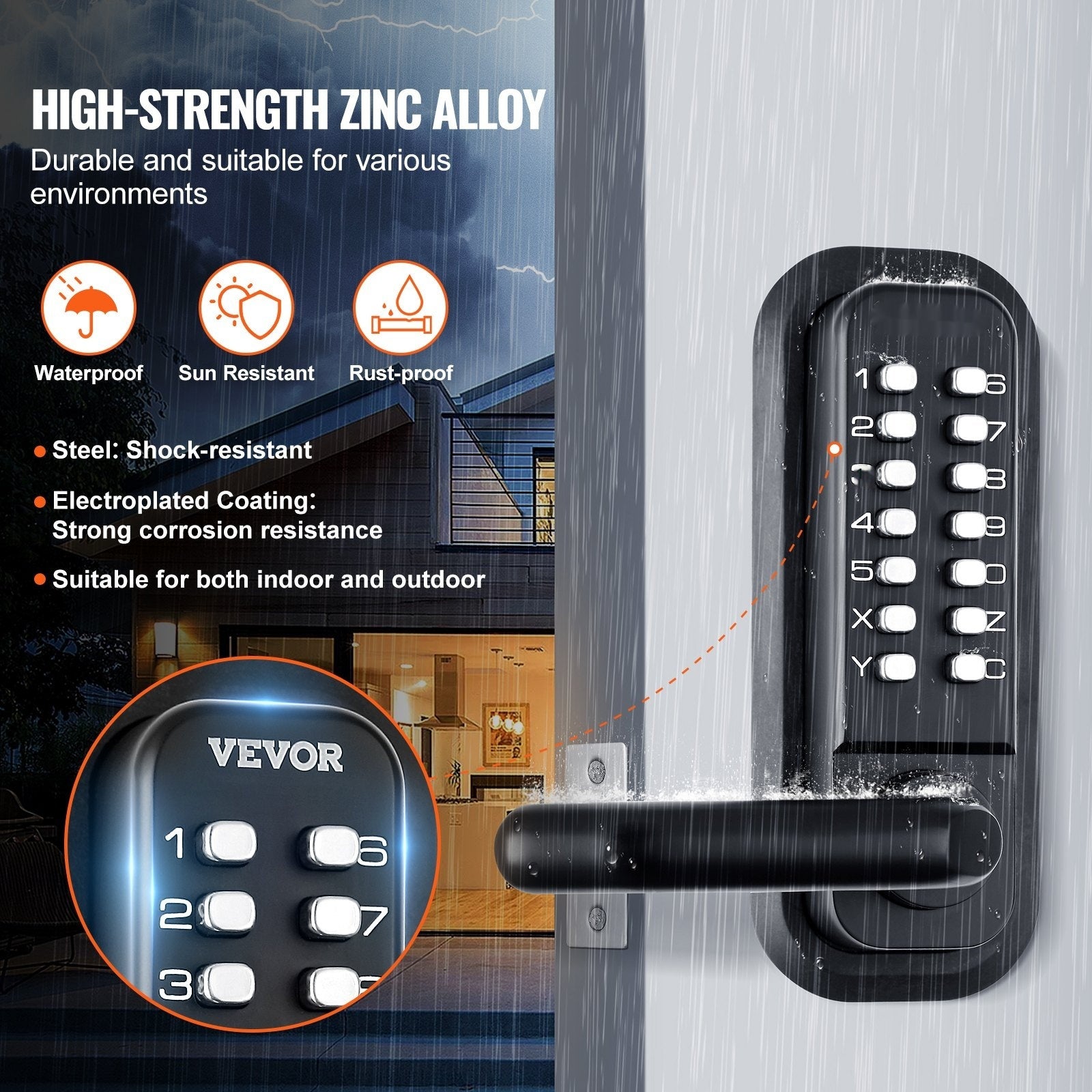 Mechanical Keyless Entry Door Lock, 14 Digit Keypad